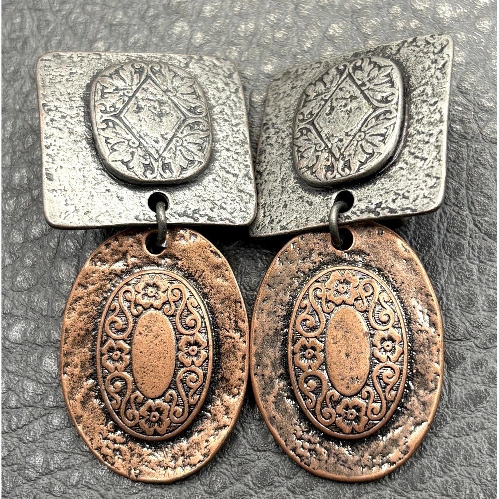 VTG Marjorie Baer SF 80s 90s Clip Earrings Copper Dangle Statement Silver Tone